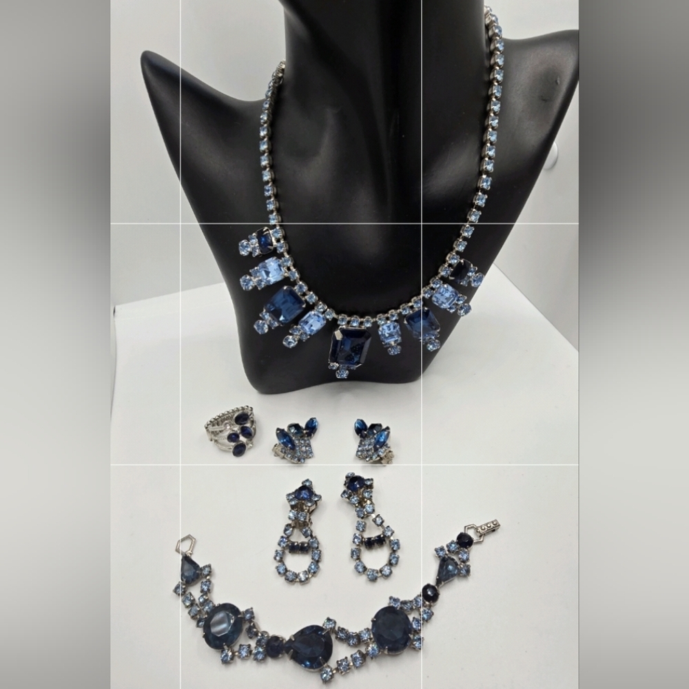 Vintage 1950's Blue AB and Rinestone Jewelry Set of 5.